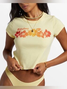 Billabong Pale Yellow Hibiscus Crop Top with Sunset Floral Print